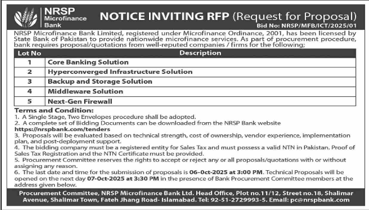 NRSP Microfinance Bank Limited Tender Notice